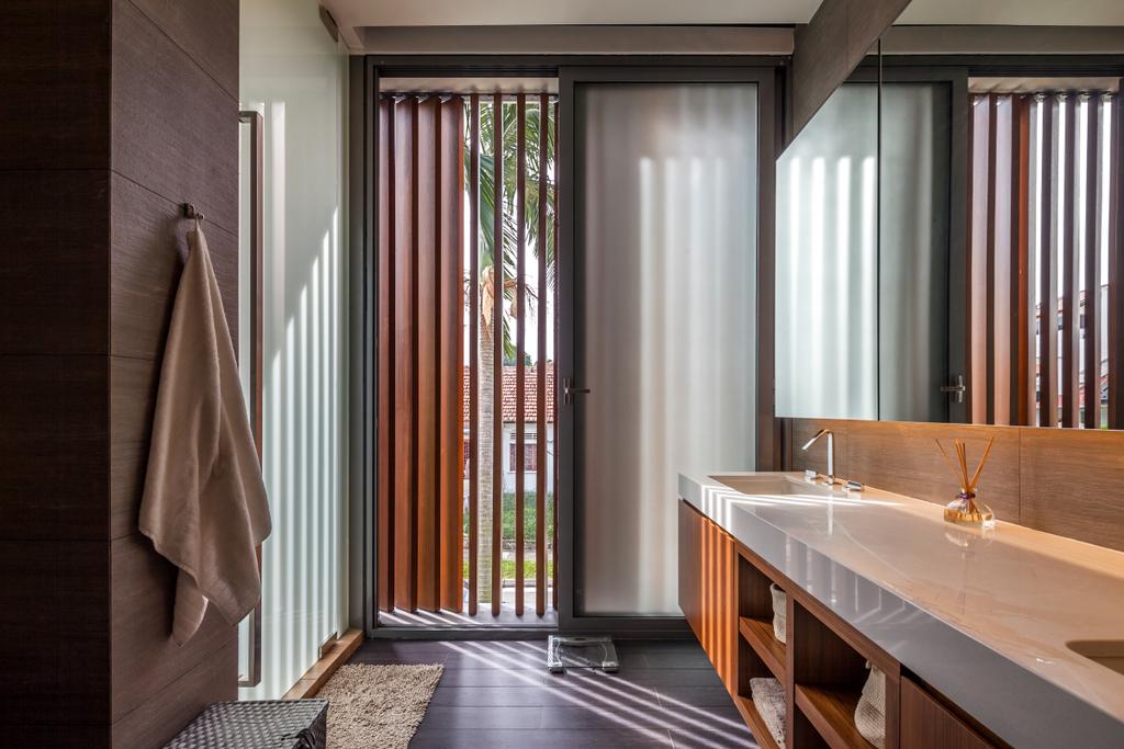 Modern, Landed, Bathroom, Serangoon (Sunny Side House), Architect, Wallflower Architecture + Design, Mirror, White Sink, Wood Theme, Sink