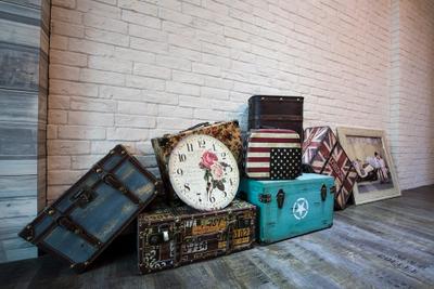 Yishun Street 31, 9 Creation, Eclectic, Living Room, HDB, Red Brick Wall, Wooden Flooring, White Brick, White, Vintage Suitcases, Suitcases, Suitcase Boxes, Decor, Clock, Wristwatch