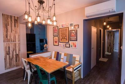 Yishun Street 31, 9 Creation, Eclectic, Dining Room, HDB, Hanging Lights, Pendant Lights, Warm Lighting, Wall Art, Wall Portrait, Wood Dining Table, Wooden Table, Dining Chairs, Colourful Bench, Dining Table, Furniture, Table, Indoors, Interior Design, Room, Chair, Hardwood, Wood, Corridor