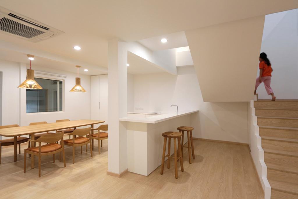 Minimalist, Landed, Dining Room, Lentor Green, Architect, EHKA Studio, Wooden Floor, White Countertop, Wood Dining Table, Wooden Dining Chair, Recessed Lights, Hanging Lights, Dining Table, Furniture, Table, Bar Stool, HDB, Building, Housing, Indoors, Loft