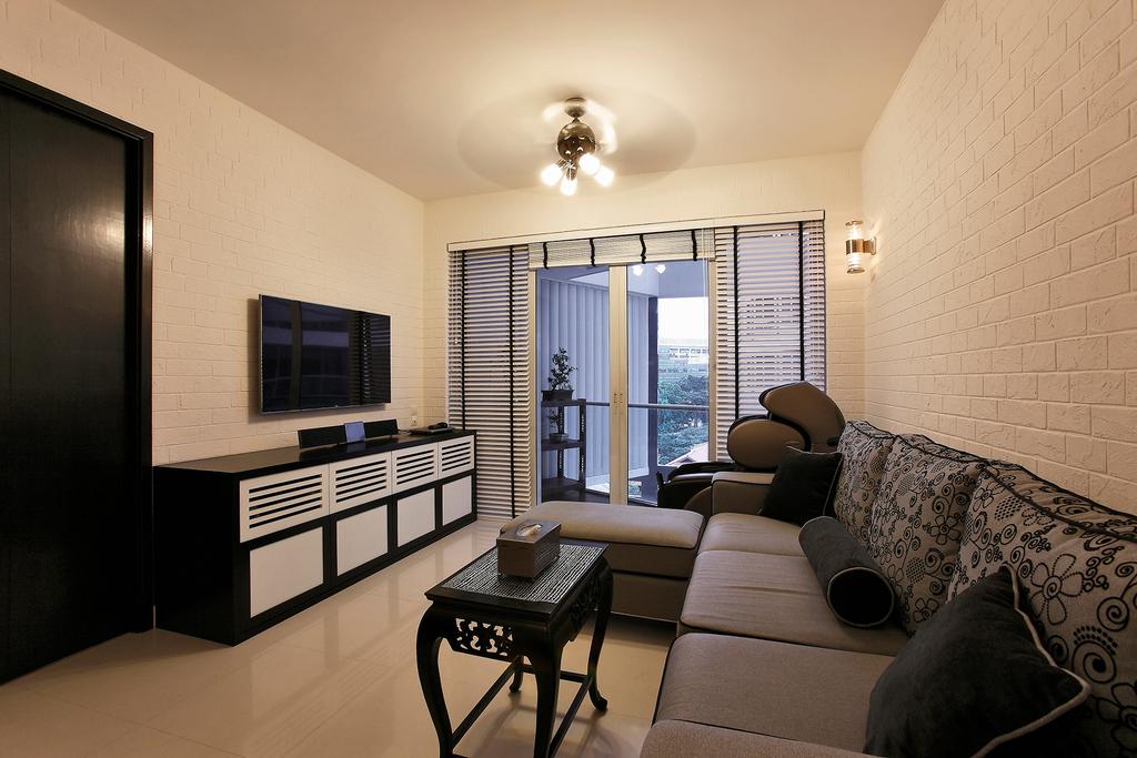 Traditional, Condo, Living Room, Visioncrest (Oxley Rise), Interior Designer, Corazon Interior, Flatscreen Tv, Tv Console, Wall Mounted Tv, White Wall, White Brick, Red Brick Wall, Brown Coffee Table, Wall Lamp, Sofa, White Floor, Monochrome Tv Console, Mini Ceiling Fan, Couch, Furniture, Chair, Indoors, Room