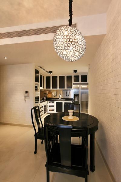 Visioncrest (Oxley Rise), Corazon Interior, Traditional, Dining Room, Condo, Pendant Lights, Disco Ball, Disco Pendant Lights, White Brick, Red Brick Wall, White Wall, Dining Table, Dining Chair, Round Table, Monochrome Kitchen, Monochrome Shelves, Indoors, Interior Design, Room, Chair, Furniture, Kitchen