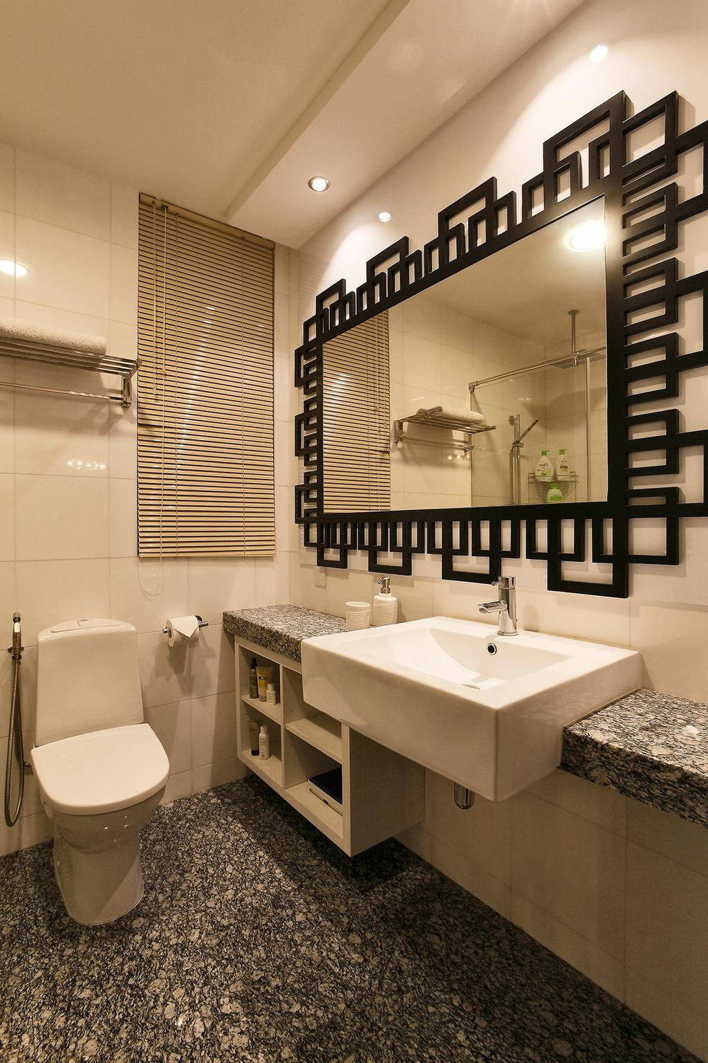 Traditional, Condo, Bathroom, Visioncrest (Oxley Rise), Interior Designer, Corazon Interior, Mirror, Wall Mounted Sink, Blinds, Wall Mounted Shelf, White Sink, Towel Hanger, Open Shelf, Recessed Lights, Grey Floor, Indoors, Interior Design, Room, Toilet