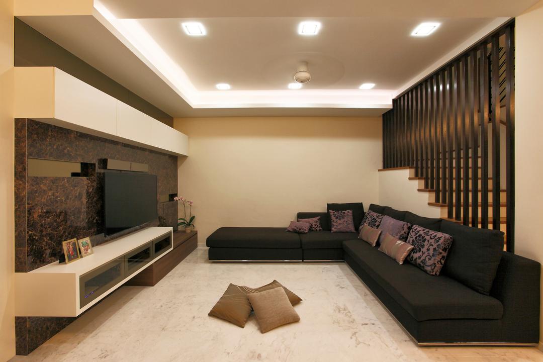 6 Bukit Arang, Corazon Interior, Transitional, Living Room, Landed, False Ceiling, White Shelf, Cushions, L Shaped Sofa, Tv Console, White Wall, Wall Mounted Shelf, Wall Mounted Mirror, Shelf, Beam Divider, Recessed Lights, Couch, Furniture, Indoors, Interior Design