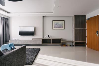 Punggol Waterway Terraces, Third Avenue Studio, , , Living Room, , Airy, Spacious, Wall Mounted Television, Television Console, Coffered Ceiling, Black Rug, Recessed Lights, Contemporary Living Room, Wood Door, Indoors, Interior Design
