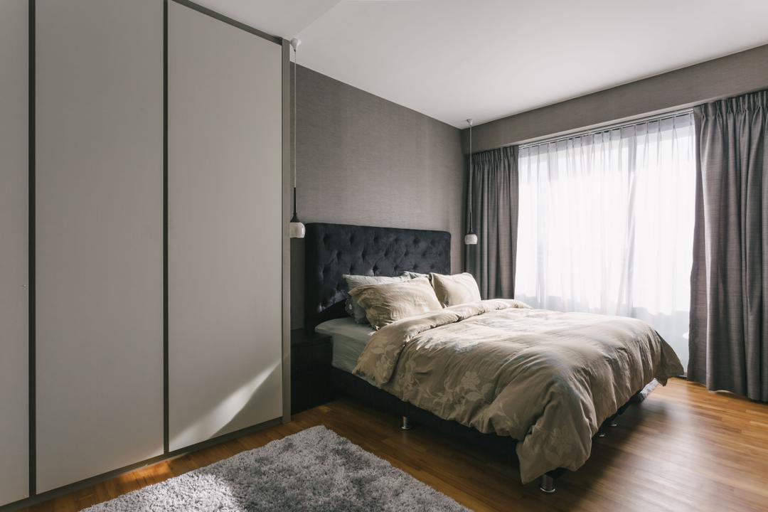 Punggol Waterway Terraces, Third Avenue Studio, Modern, Contemporary, Bedroom, HDB, Wooden Floor, White Wardrobe, Airy, Big Rug, King Size Bed, Black Bedding Platform, Cozy, Cosy, Grey Wall, Bright, Relaxing, Bed, Furniture, Indoors, Interior Design, Room