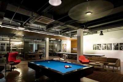 Aamer's Office, Aamer Architects, Contemporary, Commercial, Pendant Lights, Hanging Lights, Pool Table, Red Chair, Billiard Room, Furniture, Indoors, Room, Table, Chair, Interior Design, Kitchen