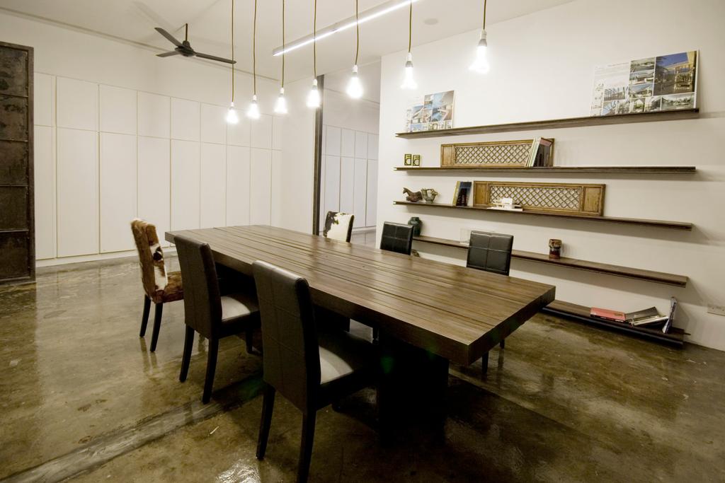 Aamer's Office, Commercial, Architect, Aamer Architects, Contemporary, Hanging Lights, Hanging Bulbs, Wooden Table, Wall Shelf, Wall Shelves, Open Shelf, Open Shelves, White Wall, Chairs, Chair, Furniture, Dining Table, Table, Bench, Dining Room, Indoors, Interior Design, Room
