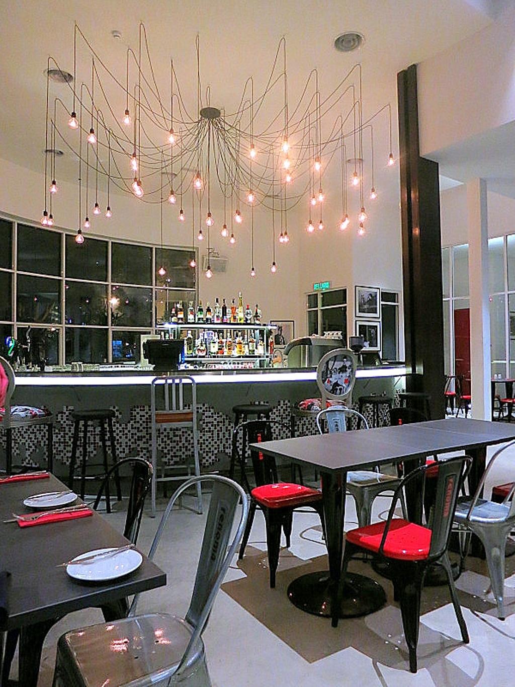 Renoma Cafe KL, Commercial, Architect, Aamer Architects, Contemporary, Hanging Lights, High Ceiling, White Flooring, Red Chair, Black Chair, Aluminium Chair, Dining Table, White Floor, White Ceiling, White Walls, Glass Window, Tall Window, High Window, Bar Counter, High Stools, High Chair, Cafe, Restaurant, Automobile, Car, Transportation, Vehicle