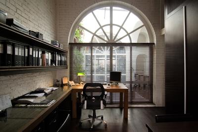 Sophia Office, Aamer Architects, Contemporary, Commercial, Arched Window, White Window, Wooden Flooring, White Brick, Red Brick Wall, Wall Shelf, Wall Mounted Shelf, Shelf, Open Shelf, Bookshelf, Study Table, L Shaped Table, Blinds, Office Chair, Arch, Arched, Architecture, Building