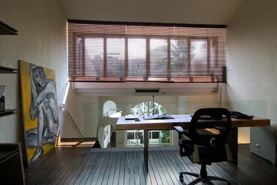 Sophia Office, Aamer Architects, Contemporary, Commercial, Blinds, Wooden Flooring, Brown Floor, Study Desk, Glass Barricade, Office Chair, Wooden Table, White Wall, Art Piece, Chair, Furniture, Dining Room, Indoors, Interior Design, Room