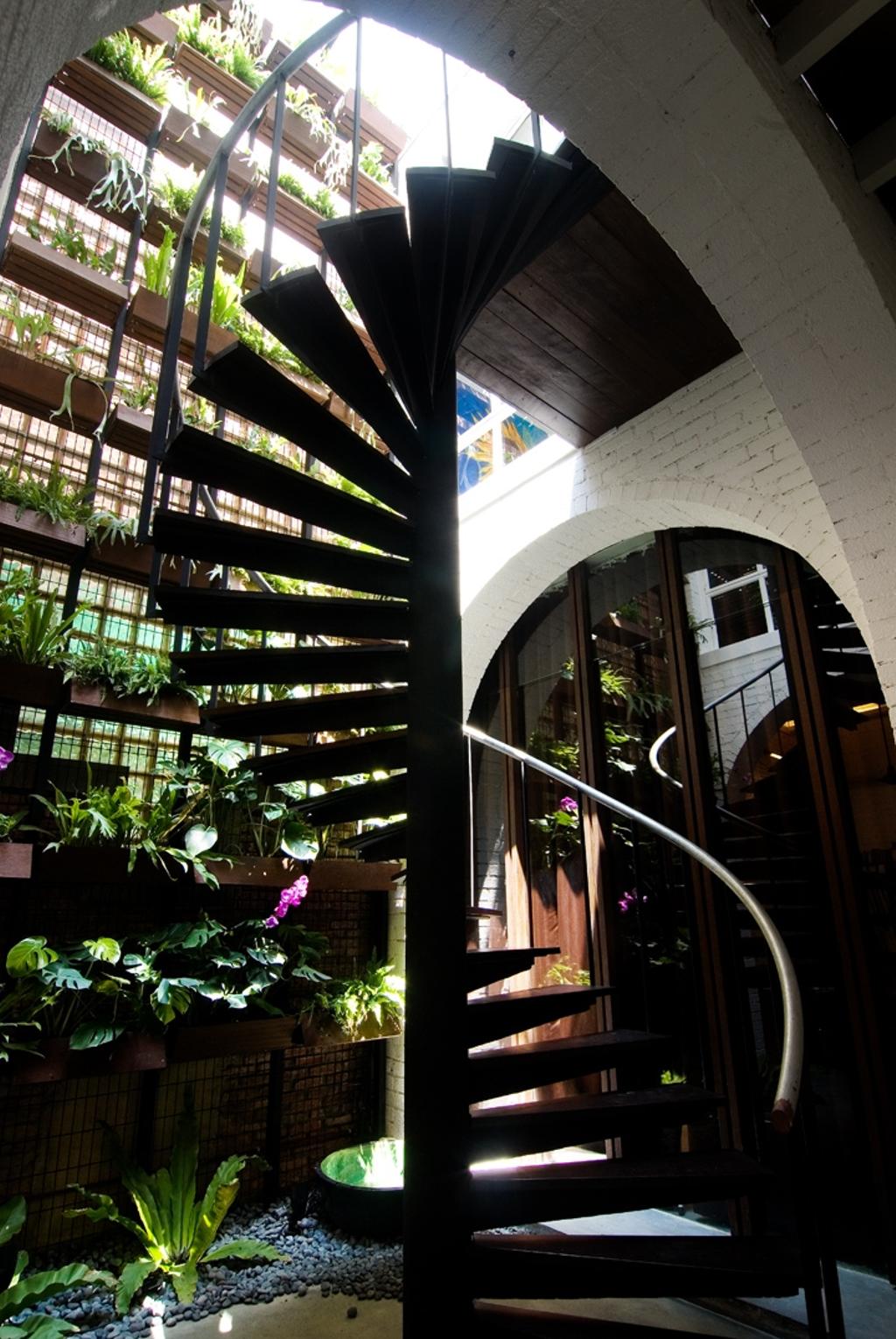 Sophia Office, Commercial, Architect, Aamer Architects, Contemporary, Stairway, Black Stairway, Twisted Stairway, Curve Stairway, Red Brick Wall, White Brick, Plantation, Arched Wall, Flora, Jar, Plant, Potted Plant, Pottery, Vase