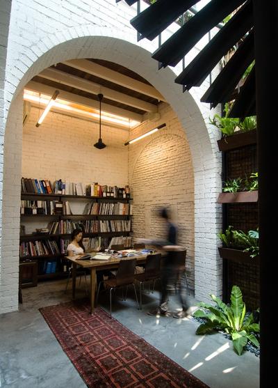 Sophia Office, Aamer Architects, Contemporary, Commercial, Plants, Carpet, Hanging Lights, White Ceiling, Concrete Walls, Study Table, Ceiling Lights, White Brick, White Beam Ceiling, Shelf, Open Shelf, Ceiling Beam, Book, Flora, Jar, Plant, Potted Plant, Pottery, Vase, Planter, Bookcase, Furniture