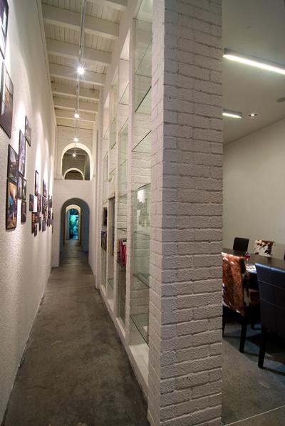Sophia Office, Aamer Architects, Contemporary, Commercial, White Beam Ceiling, Ceiling Beam, White Ceiling, Concrete Floor, Wall Art, Wall Portrait, Portrait, Red Brick Wall, Arched Doors, Open Doors, Couch, Furniture, Corridor