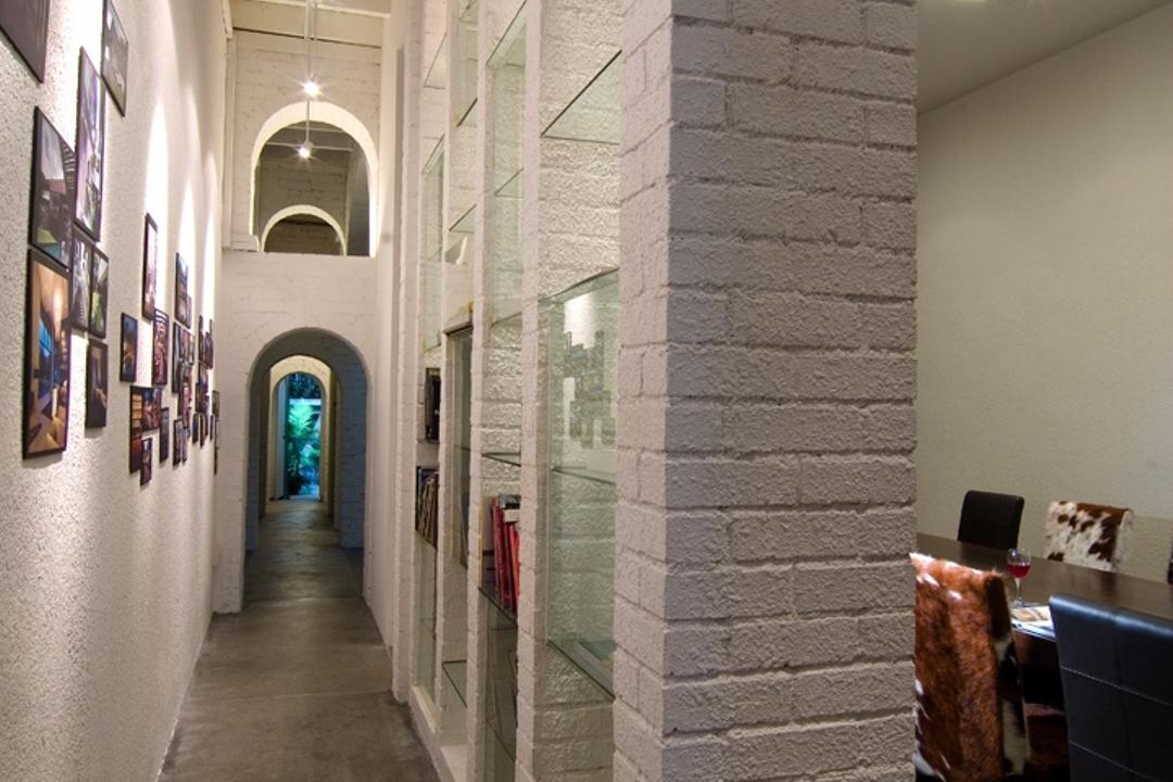 Sophia Office, Aamer Architects, Contemporary, Commercial, White Beam Ceiling, Beam Ceiling, White Ceiling, Concrete Floor, Wall Art, Wall Portrait, Portrait, Brick Wall, Arched Doors, Open Doors, Couch, Furniture, Corridor