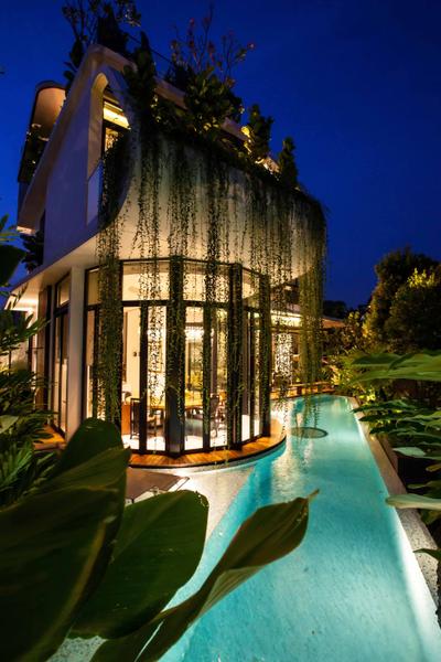 Wajek Walk, Aamer Architects, , , Swimming Pool, Pool, Bungalow, Full Length Window, Glass Window, Hanging Plant, Indoor Pool, Private Pool, House Pool, Plants, Greenery Deco, Flora, Jar, Plant, Potted Plant, Pottery, Vase, Water