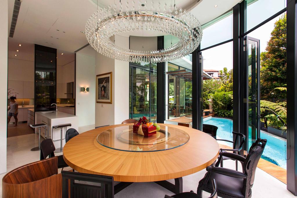 Modern, Landed, Dining Room, Wajek Walk, Architect, Aamer Architects, Hanging Light, Chandelier, Wooden Table, Full Length Window, Glass Window, Lazy Susan, Swimming Pool, Pool, Indoors, Interior Design, Room, Chair, Furniture, Dining Table, Table, Appliance, Electrical Device, Oven