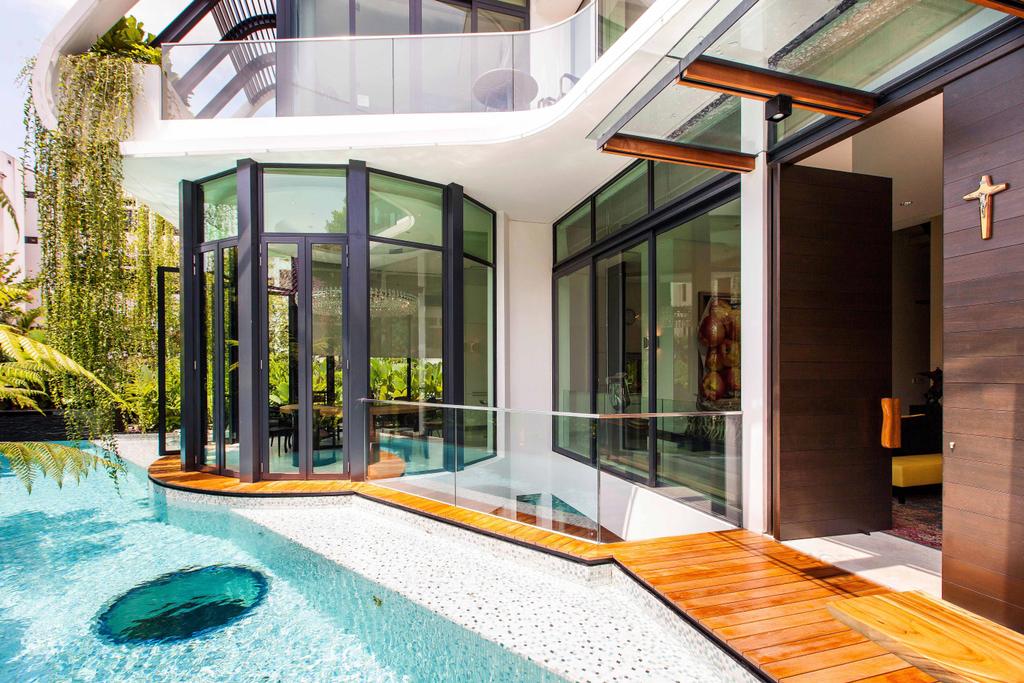 Modern, Landed, Wajek Walk, Architect, Aamer Architects, Swimming Pool, Pool, Wooden Planks, Wooden Plank, Full Length Window, Glass Door, Hanging Plants, Water, Building, House, Housing, Villa, Flora, Jar, Plant, Potted Plant, Pottery, Vase