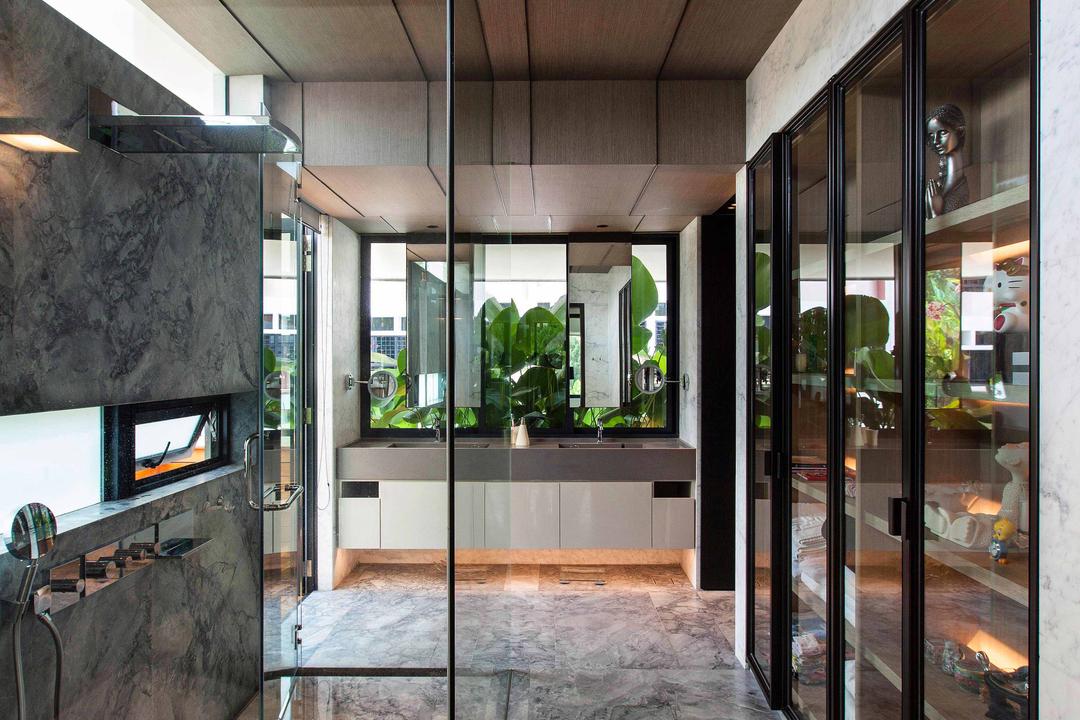 Wajek Walk, Aamer Architects, Modern, Bathroom, Landed, Marble Tiles, Glass Door, Full Length Doors, False Ceiling, Grey Flooring, Gray Flooring, Display Case, Display Cabinet