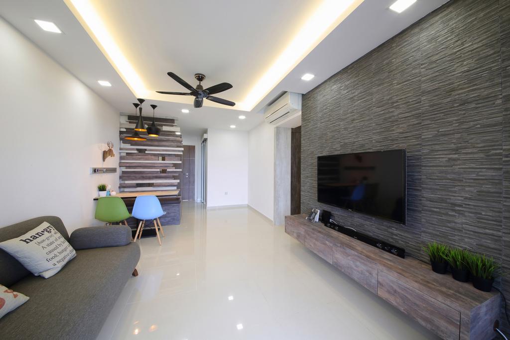 Modern, HDB, Living Room, Adora Green, Interior Designer, Dap Atelier, Scandinavian, Contemporary Living Room, Coffered Ceiling, Hidden Interior Lights, Recessed Lights, White Marble Floor, Wall Mounted Television, Floating Wooden Television Console, Chair, Furniture, Light Fixture