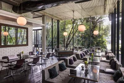PS Cafe Dempsey, Aamer Architects, , , Red Brick Wall, Cushioned Chair, Cushion Seats, Hanging Light, Sphere Lighting, Full Length Window, Glass Window, Mirror, Wall Mirror, Wall Mounted Mirror, Human, People, Person, Couch, Furniture, Chair, Tabletop, Restaurant