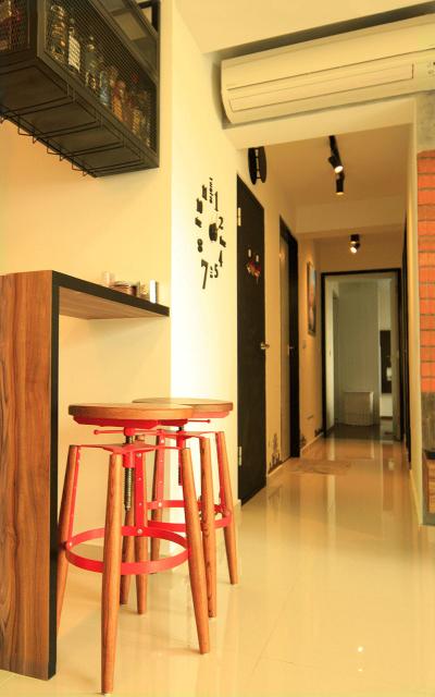 Yuan Ching Road (Block 138B), Corazon Interior, Eclectic, Dining Room, HDB, Wall Shelf, Wall Mounted Table, Wall Table, Red Stool, Red Chair, White Floor, Spotlight, Wall Clock, Clock