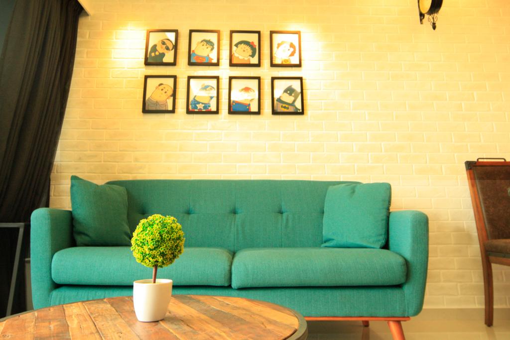 Eclectic, HDB, Living Room, Yuan Ching Road (Block 138B), Interior Designer, Corazon Interior, Red Brick Wall, White Brick, Wall Portrait, Wooden Coffee Table, Brown Coffee Table, Round Coffee Table, Potted Plants, Green Sofa, Sofa, Couch, Furniture