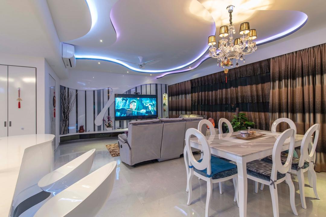City Square Residences, Ace Space Design, Modern, Dining Room, Condo, Chandelier, Hanging Light, Concealed Light, Concealed Lighting, Bar Stools, High Chairs, Counter Stools, Curtain, Chair, Furniture, Indoors, Interior Design, Room, Dining Table, Table