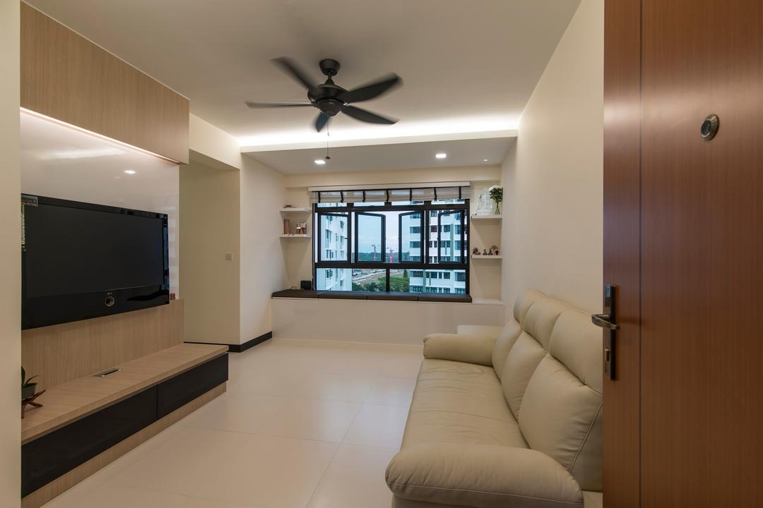 Montreal Link, Ace Space Design, Modern, Living Room, HDB, Cream Couch, Cream Sofa, Wood Laminate, Wooden Tv Console, False Ceiling, Concealed Lighting, Concealed Light, Recessed Light, Recessed Lighting, Couch, Furniture, Indoors, Interior Design