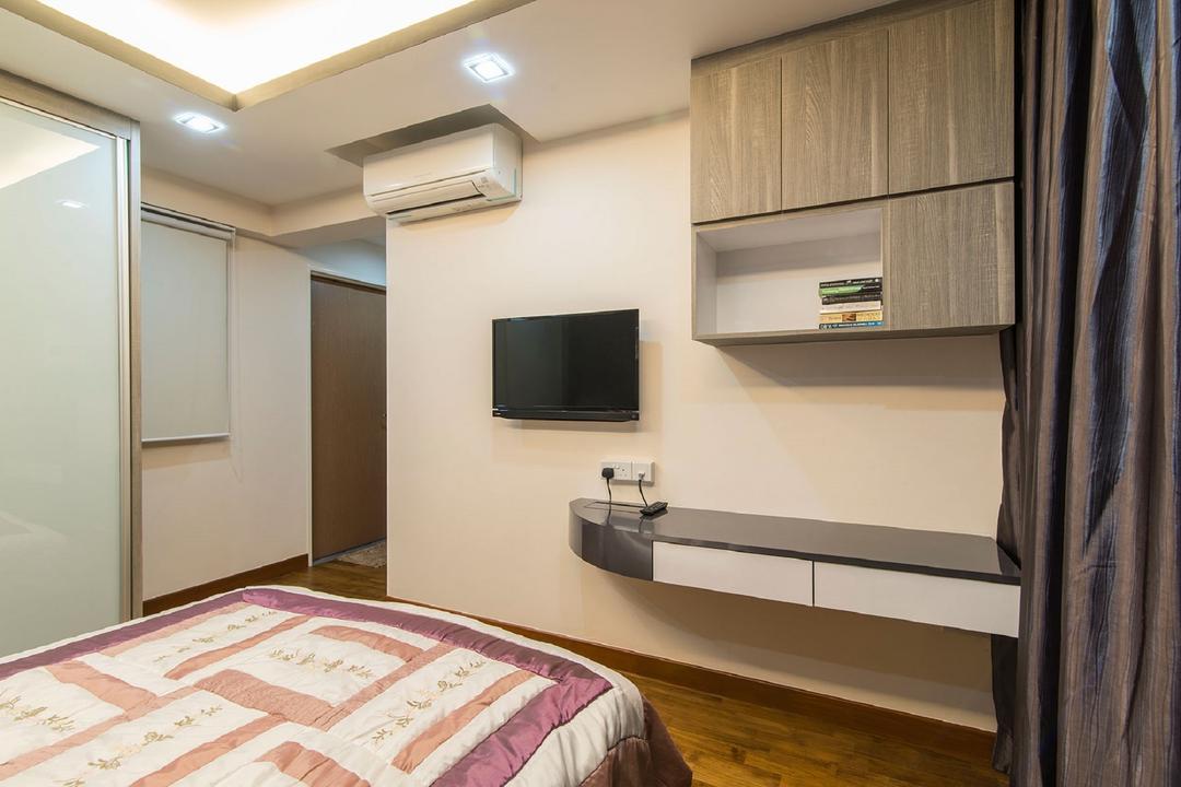 Sengkang East Avenue, Ace Space Design, Modern, Bedroom, HDB, Wooden Flooring, False Ceiling, Concealed Lighting, Concealed Light, Wood Laminate, Study Table, Recessed Lighting, Wall Mounted Storage, Curtain, Home Decor, Bed, Furniture, Indoors, Room