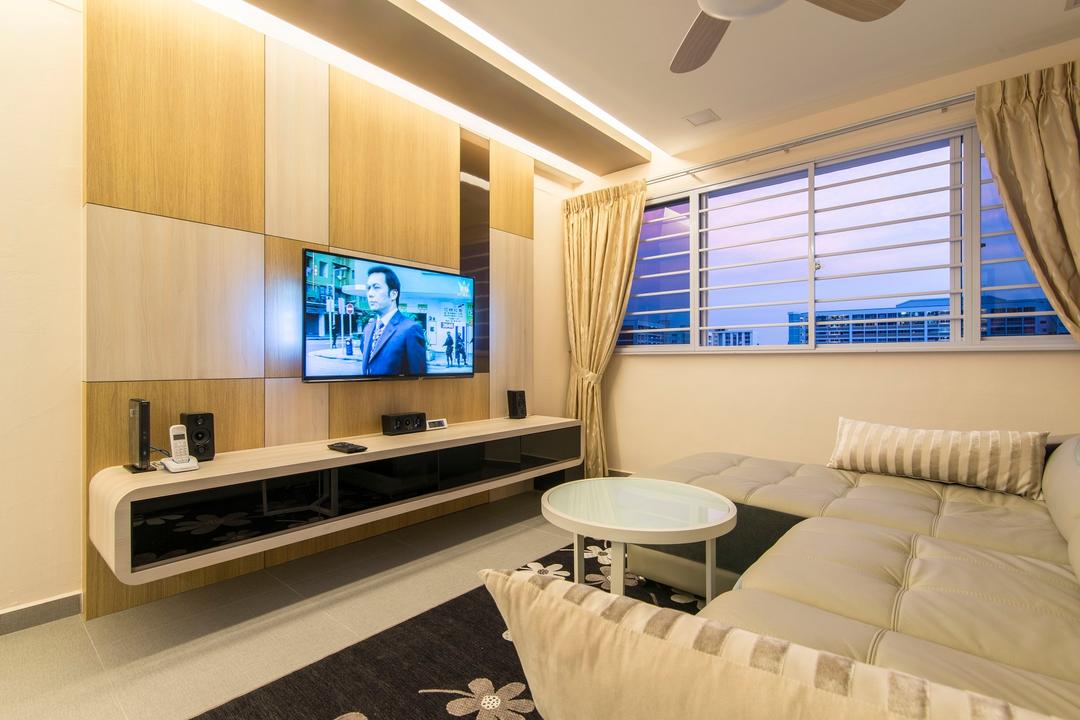 Tampines Street 83, Ace Space Design, Traditional, Living Room, HDB, Curtain, False Ceiling, Concealed Light, Concealed Lighting, Tv Console, Coffee Table, Round Coffee Table, Leather Sofa, Cream Sofa, Wooden Feature Wall, Indoors, Interior Design, Room