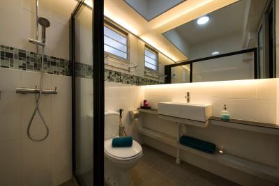 Anchorvale Road (Block 327C), Aart Boxx Interior, Industrial, Bathroom, HDB, Conceal Lights, Concealed Lighting, Mirror Cabinet, White Sink, White Basin, Wall Shelf, Mosaic Tiles, Indoors, Interior Design, Room