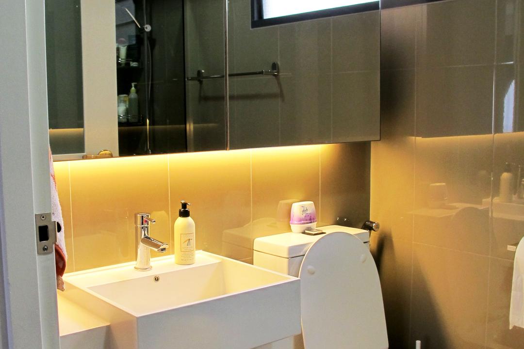Punggol Waterway, Colourbox Interior, Minimalist, Bathroom, HDB, Mirror Cabinet, Conceal Lighting, Mirror, Cabinet, Wooden Cabinet, White Sink, White Sink Top, Sink, Indoors, Interior Design