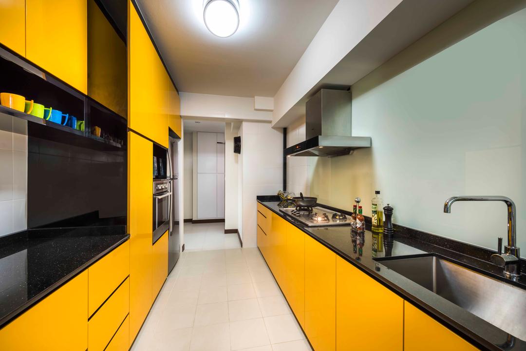 Pasir Ris Street 51, Space Factor, Contemporary, Kitchen, HDB, Ceiling Lights, Yellow Cabinet, Yellow Cabinets, White Flooring, White Floor, Black Sink Top, Sink