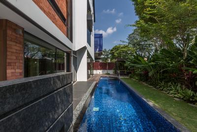 Minaret Walk, EZRA Architects, , , Private Pool, House Pool, Indoor Pool, Red Brick Wall, Grey Wall, Exterior View, Flora, Jar, Plant, Potted Plant, Pottery, Vase, Brick