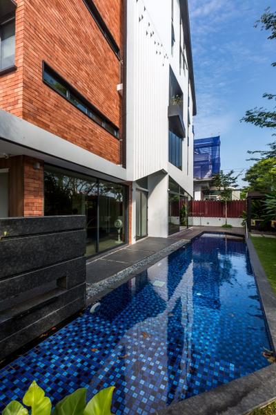 Minaret Walk, EZRA Architects, , , Indoor Pool, Private Pool, House Pool, Exterior, Red Brick Wall, Pool, Water