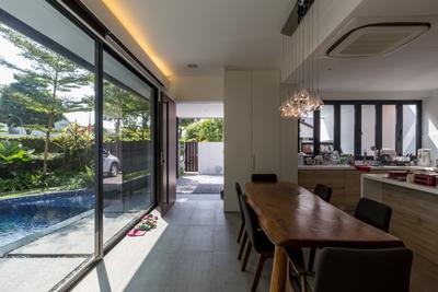 Minaret Walk, EZRA Architects, Contemporary, Dining Room, Landed, Concealed Lighting, Conceal Lights, Glass Door, Pendant Lights, Hanging Lights, Wooden Table, Dining Table, Black Chair, Chair, Furniture, Plywood, Wood, Restaurant, Indoors, Interior Design, Kitchen, Room