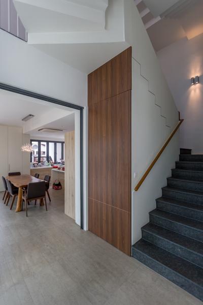 Minaret Walk, EZRA Architects, Contemporary, Landed, Wooden Wall, Glass Railing, Wall Lighting, Wall Light, Wooden Table, Dining Table, Black Chair, Furniture, Table, Banister, Handrail, Staircase