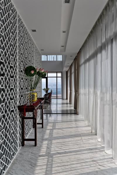 Nanhu Golf Villa, EZRA Architects, , , White Marble Floor, Marble Tiles, Decorative Panels, Wooden Display Cabinet, Display Shelf, Curtains, False Ceiling, Recessed Lights, Full Length Window, Flora, Jar, Plant, Potted Plant, Pottery, Vase