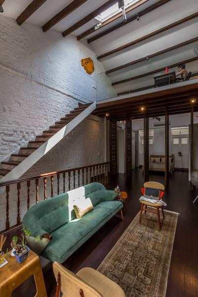 Onan Road, EZRA Architects, Contemporary, Living Room, Landed, Red Brick Wall, Wood Ceiling, High Ceiling, Carpet, Rug, Blue Sofa, Turquoise Sofa, Wooden Side Table, Wooden Flooring, HDB, Building, Housing, Indoors, Loft