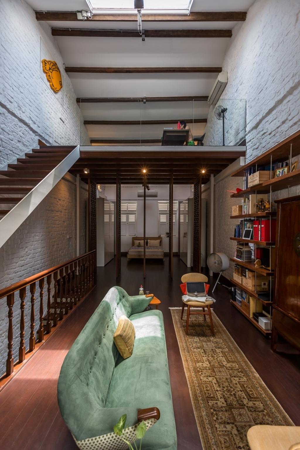 Contemporary, Landed, Living Room, Onan Road, Architect, EZRA Architects, Wooden Flooring, Long Rug, Long Carpet, Blue Sofa, Turquoise Sofa, Brick Wall, Wooden Bookshelf, Wooden Ceiling, Banister, Handrail, Staircase, Shelf, Bookcase, Furniture