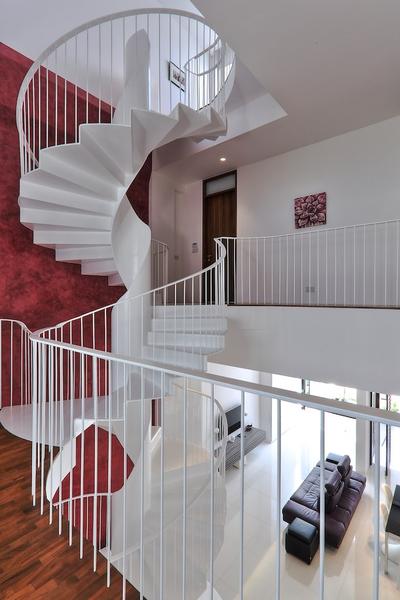 Siglap Rise, EZRA Architects, Modern, Landed, Wall Art, Purple Wall, Parquet, Spiral Staircase, Grill, White Wall, Spiral Stairs, Textured Wall, Wooden Flooring, Winded Stairs, Banister, Handrail, Staircase