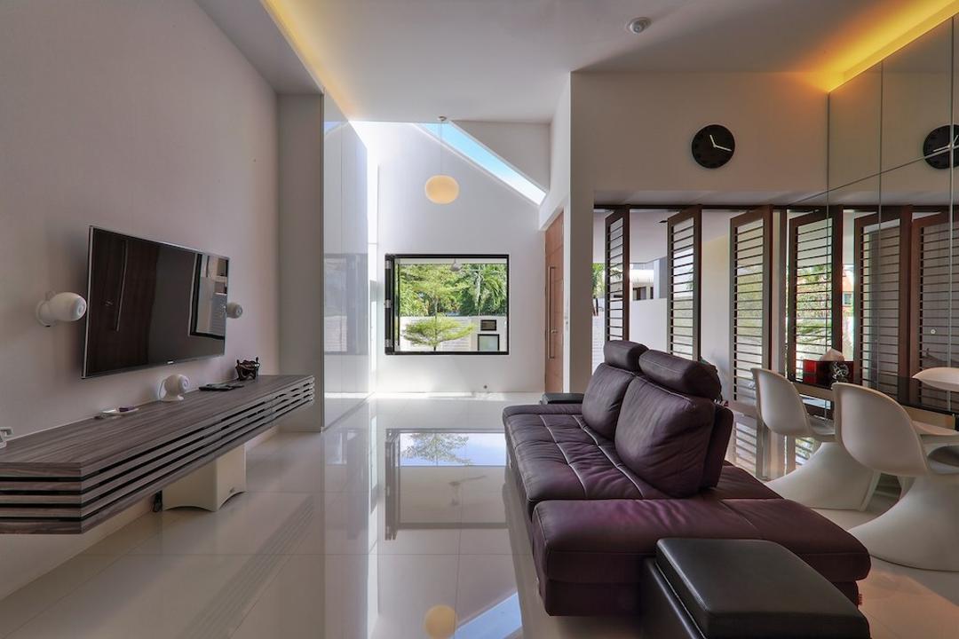 Siglap Rise, EZRA Architects, Modern, Living Room, Landed, Tv Console, Concealed Lighting, Concealed Light, Wall Clock, Hanging Light, Pendant Light, Purple Sofa, White Wall, White Walls, Chair, Furniture, Couch