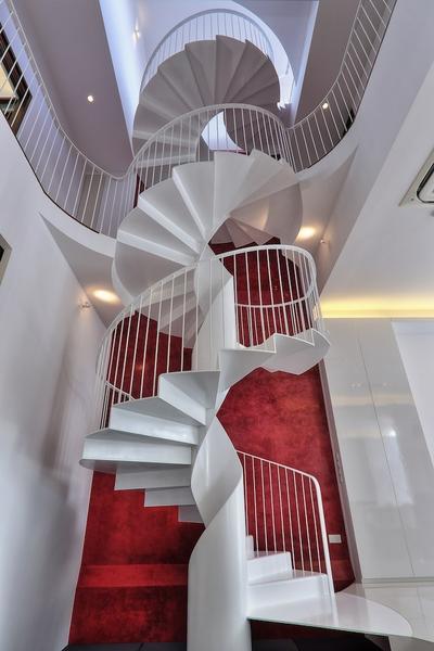 Siglap Rise, EZRA Architects, Modern, Landed, Spiral Staircase, Spiral Stairs, Textured Wall, White Staircase, Concealed Lighting, Winded Stairs, White Stairs, Banister, Handrail, Staircase