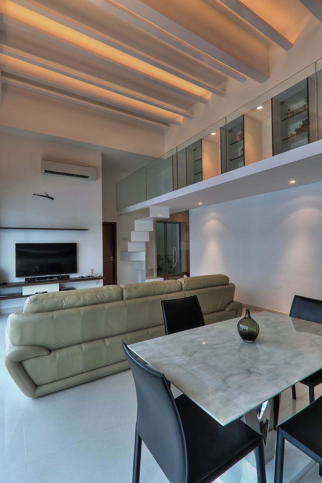 Contemporary, Landed, Living Room, Coastal Breeze Apartment, Architect, EZRA Architects, Marble Table, Glass Barricade, Flatscreen Tv, Concealed Lights, Conceal Lighting, Black Chair, Sofa, Recessed Lights, Marble Table Top, Couch, Furniture, HDB, Building, Housing, Indoors, Loft, Interior Design