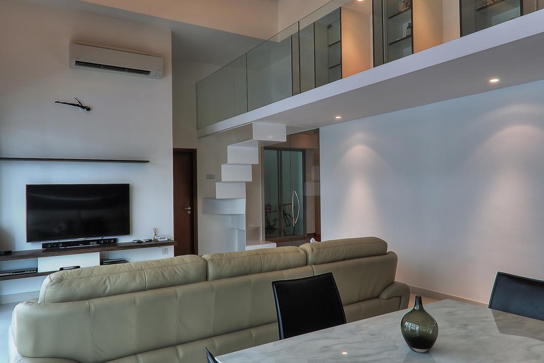 Coastal Breeze Apartment, EZRA Architects, Contemporary, Living Room, Landed, Marble Table, Glass Barricade, Flatscreen Tv, Concealed Lights, Conceal Lighting, Black Chair, Sofa, Recessed Lights, Marble Table Top, Couch, Furniture, HDB, Building, Housing, Indoors, Loft, Interior Design