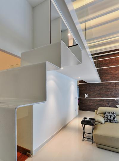 Coastal Breeze Apartment, EZRA Architects, Contemporary, Living Room, Landed, White Stairway, White Wall, Wooden Laminate, Laminated Wall, White Marble Floor, Sofa, Small Table, Indoors, Interior Design, Molding, Banister, Handrail