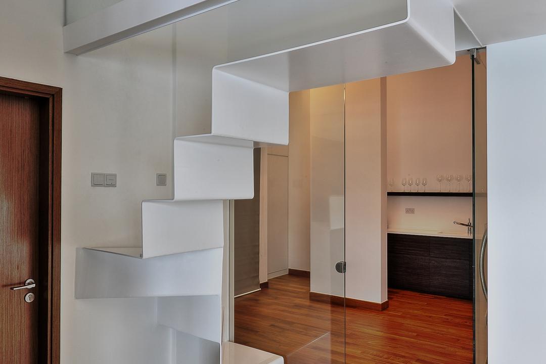 Coastal Breeze Apartment, EZRA Architects, Contemporary, Landed, White Stairway, Marble, White Marble Floor, Glass Railing, Wooden Flooring, Brown Floor, Glass Door