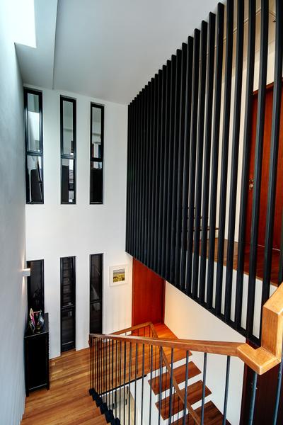 Tua Kong Place, EZRA Architects, Contemporary, Landed, High Ceiling, Wooden Flooring, Wooden Floor, Brown Floor, Brown Railing, Windows, Black Cabinets