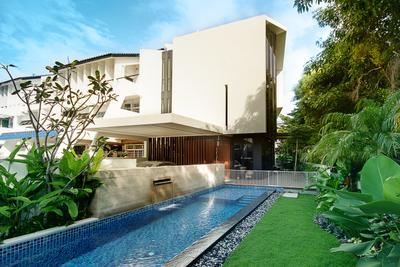 Tua Kong Place, EZRA Architects, , , Exterior View, Garden, Plants, Grass Patch, Indoor Pool, House Pool, Private Pool, Building, House, Housing, Villa, Backyard, Outdoors, Yard